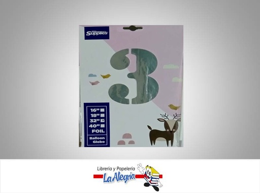 [721456868289] GLOBO FOIL 32'' NUMERO 3 PLATEADO UND MARCA SUPPLIES   