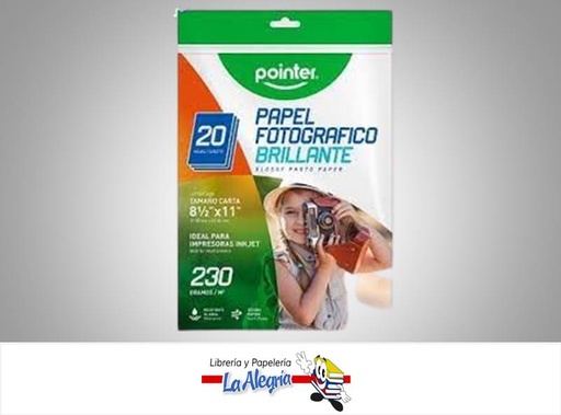 [7453010047818] PAPEL FOTOGRAFICO PP1201230 21.59X27.94CM 230 GR 20 HOJAS MARCA POINTER