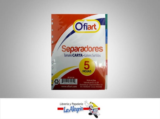 [720171615710] SEPARADOR PLAST CARTA 5 DIV COLOR SURTID MARCA OFIART   