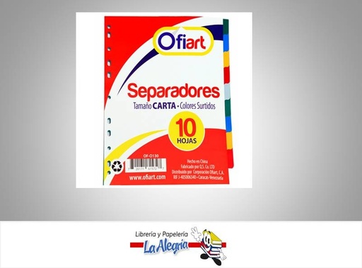 [720171615727] SEPARADOR PLASTICO 10 DIV CARTA COL SUR MARCA OFIART   