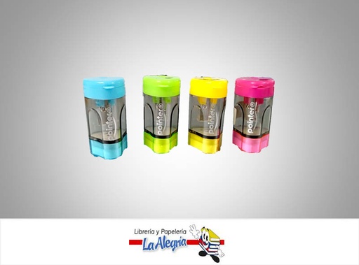 [7453078529998] SACAPUNTA PLASTICO CON DEPOSITO TRIANGULAR SH-1630; 4 COLORES  CON BORRADOR MARCA POINTER