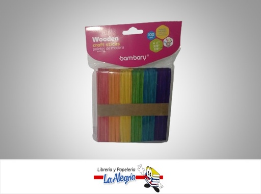 [7453086114704] PALETA MADERA 114X10MM MULTICOLOR PAQ 100 UND 3241005050 MARCA BAMBARY