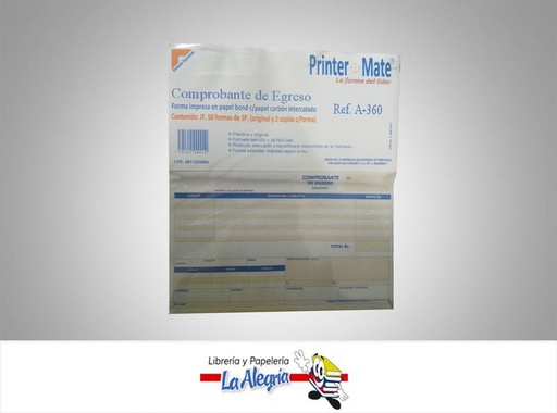 [7591355000010] COMPROBANTE EGRESO C/C 50F/3P A-360 MARCA PRINTER MATE   