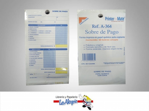 [7591355000034] SOBRE DE PAGO 50 SOBRES C/COPIA A-364 MARCA PRINTER MATE   