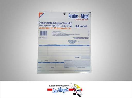 [7591355003660] COMPROBANTE EGRESO S/C 50F/1P A-366 MARCA PRINTER MATE   