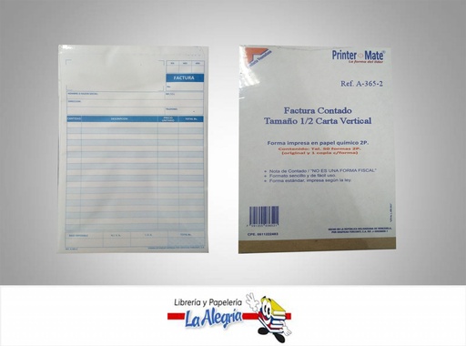 [7591355036521] FACTURA CONTADO 1/2 CARTA 50F/2P A-365-2 MARCA PRINTER MATE   