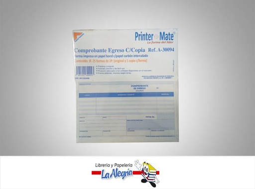 [7591355300943] COMPROBANTE EGRESO C/C 25F/2P A-30094 MARCA PRINTER MATE   