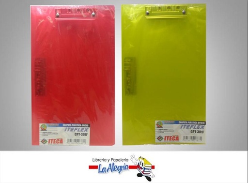 [7592302026831] CARPETA PLASTICA TRANSPARENTE DOBLE GANCHO A PRESION CPT301F OFICIO MARCA ITECA