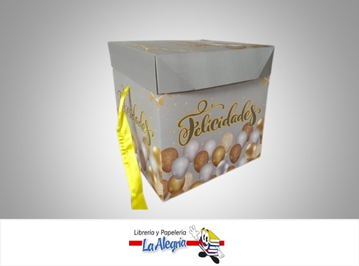 [CR2225] CAJA REGALO FELICIDADES GLOBOS 22X22X22CM GRIS/ORO MARCA S/M