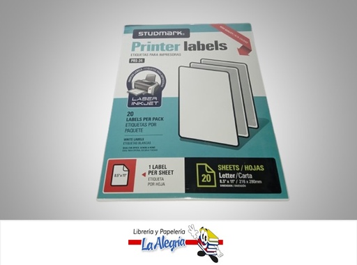 [7453015124262] ETIQUETA PARA IMPRESIÓN STPRS34; 8.5X11" CARTA 20 PIEZAS MARCA STUDMARK