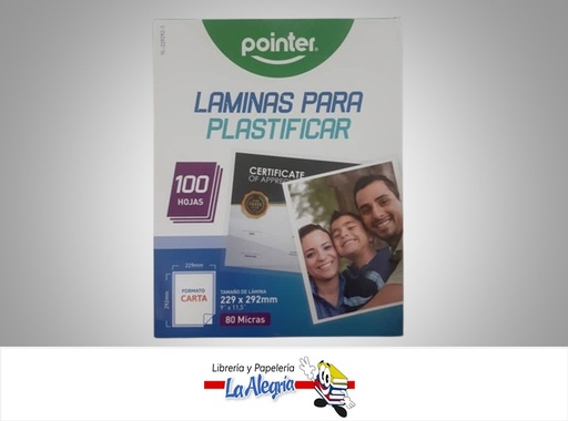 [7453010039295] LAMINA PARA PLASTIFICAR CARTA 80 MICRAS PAQ 100 HOJAS MARCA POINTER YL-229292-1