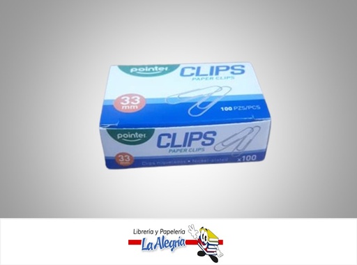[7453038424585] CLIPS METALICO SUJETA PAPEL DE 33MM X100 PIEZAS MARCA POINTER