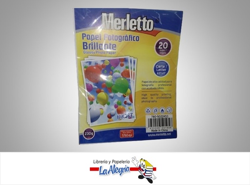 [7450009591956] PAPEL FOTOGRAFICO 21.59X27.9CM PAQUETE DE 20 HOJAS 230G MARCA MERLETTO