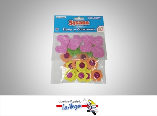 [7591213024905] FIGURA DE FOAMI ADHESIVA FLORES Y CORAZONES ESCARCHA 43 PZAS MARCA SYSABE