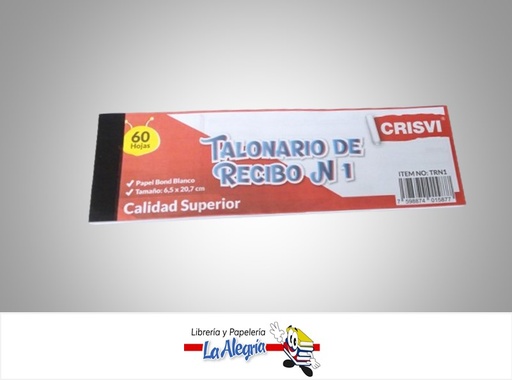 [7598874015877] TALONARIO RECIBO N1 6.5X20.7 CM 60 HOJAS MARCA CRISVI