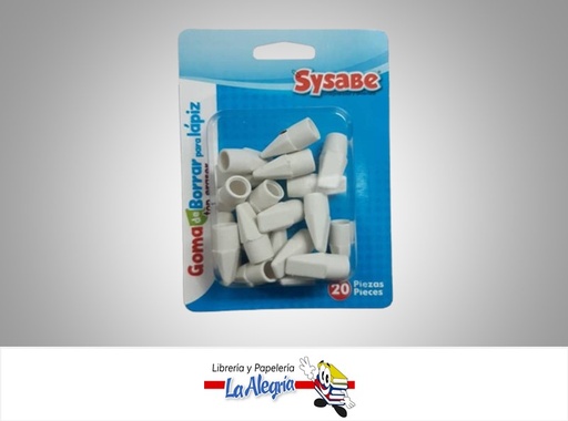 [7591213021164] GOMA DE BORRAR PARA LAPIZ BLANCA CAPUCHON 20 PZAS MARCA SYSABE