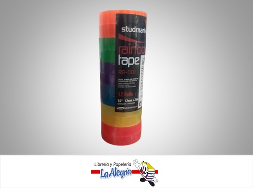 [7453015140347] CINTA ADHESIVA DE COLORES 1/2" 12MMX25M 12 ROLLOS MARCA STUDMARK
