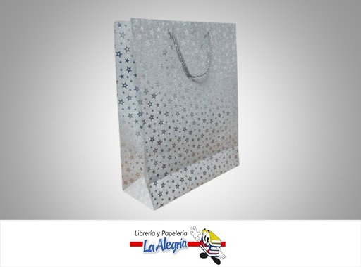 [BREM32X26D] BOLSA DE REGALO ESCARCHADA ESTRELLAS PLATEADAS 32X26X10 CM  UND MARCA S/M