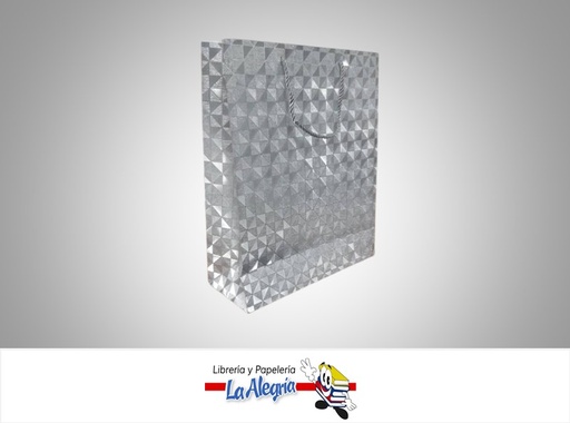 [BREM32X26E] BOLSA DE REGALO ESCARCHADA TRIANGULOS PLATEADOS 32X26X10 CM  UND MARCA S/M