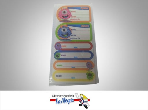 [7591213026190] ETIQUETA ESCOLAR MONSTER INC PAQ 10 UND MARCA SYSABE