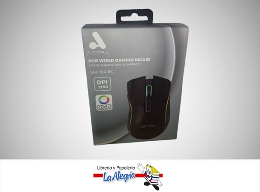 [759239190036] MOUSE ALAMBRICO GAMING RGB USB 7 BOTONES GM-314 BK DP1 7200 NEGRO MARCA ASTRA