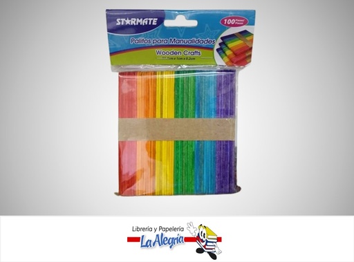 [7453051925731] PALETA MADERA 110X10MM MULTICOLOR PAQ 100 UND STR-2025 MARCA STARMATE