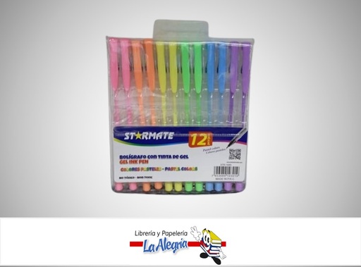 [7453089103019] BOLIGRAFO GEL PAQ. 12 UNIDADES COLORES PASTEL STR-1085 MARCA STARMATE