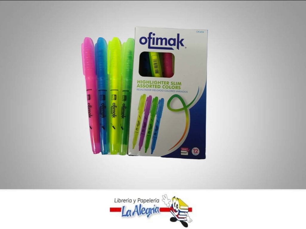 RESALTADOR FINO OK456 4MM 4 COLORES CAJA MARCA OFIMAK   
