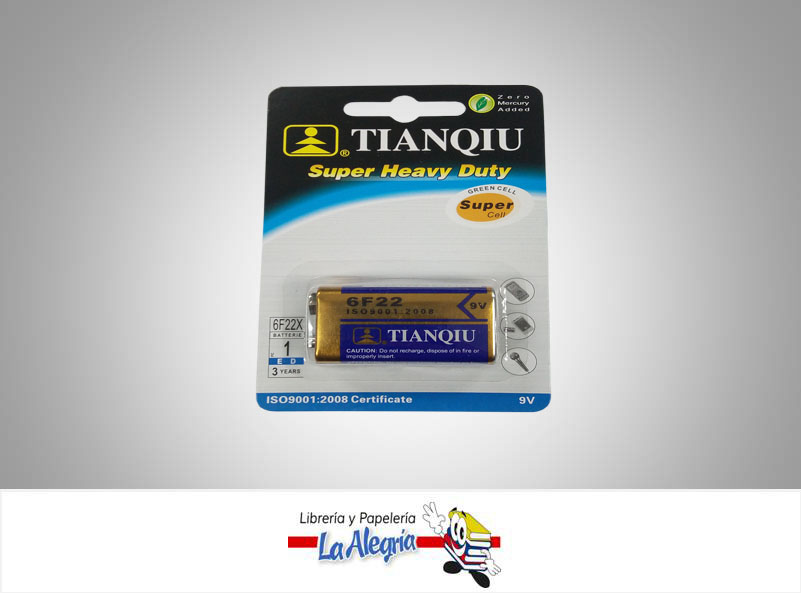 PILA 9V ALCALINA SUPER HEAVY DUTY 6F22X UND MARCA TIANQIU   