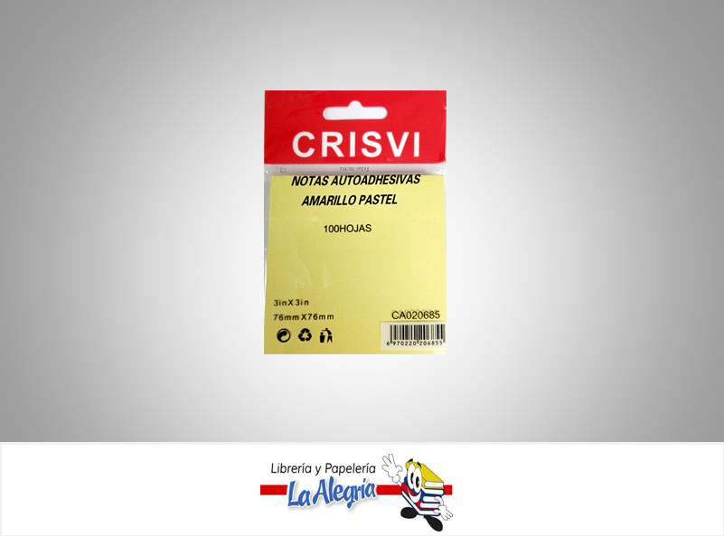 NOTA AUTOAHESIVA 76X76MM 100 HOJAS AMARILLO PASTEL MARCA CRISVI