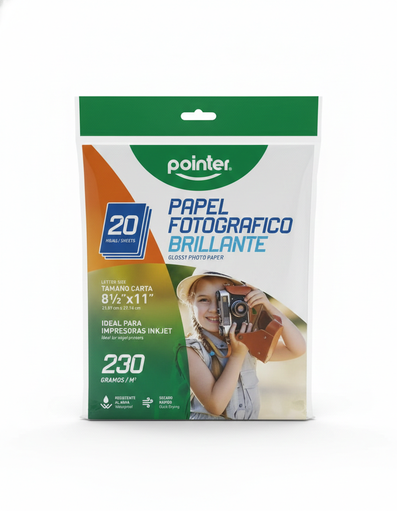 PAPEL FOTOGRAFICO 21.59X27.94CM 230 GR 20 HOJAS REF PP-1201-230 MARCA POINTER