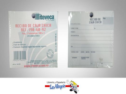 RECIBO CAJA CHICA PAQ 3TALO REF190-60-92 MARCA ITEVECA   