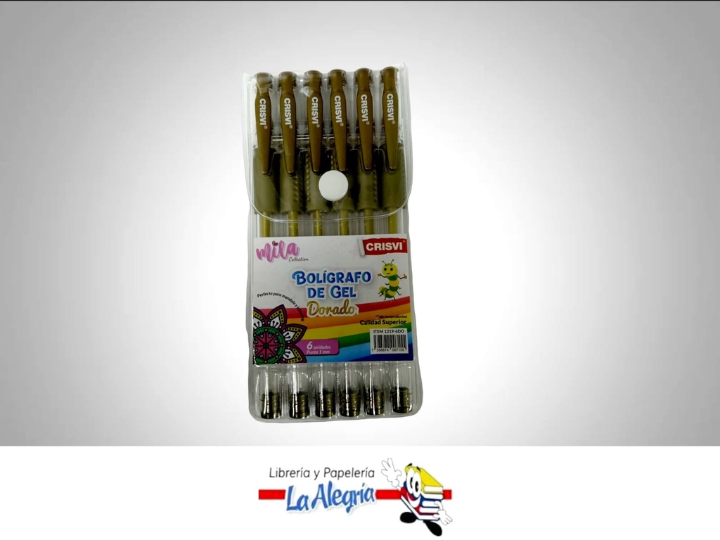 BOLIGRAFO GEL 1MM CAJA DE 6 UND DORADO MARCA CRISVI