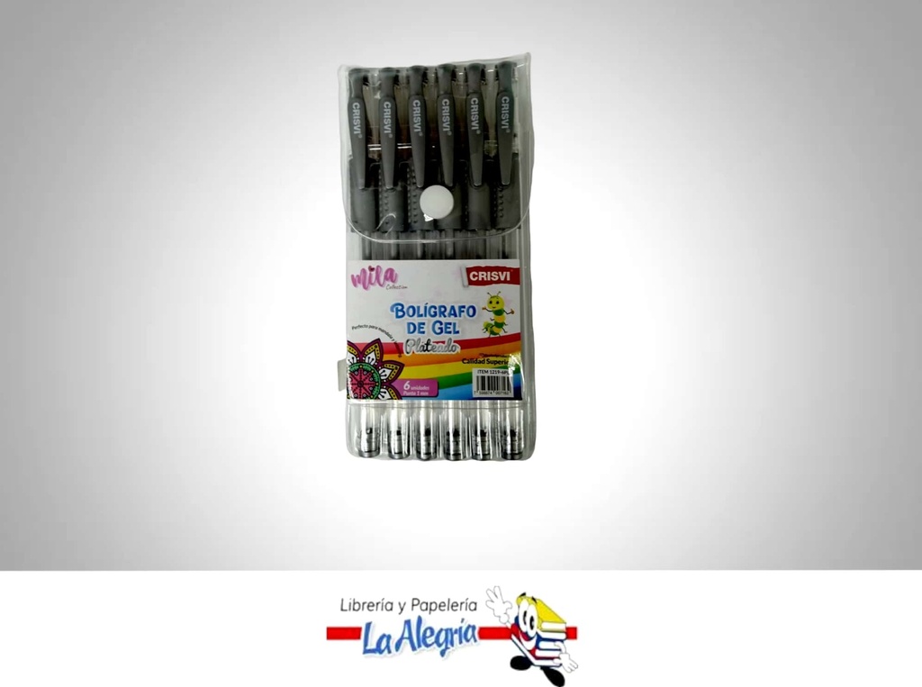 BOLIGRAFO GEL 1MM CAJA DE 6 UND PLATEADO MARCA CRISVI