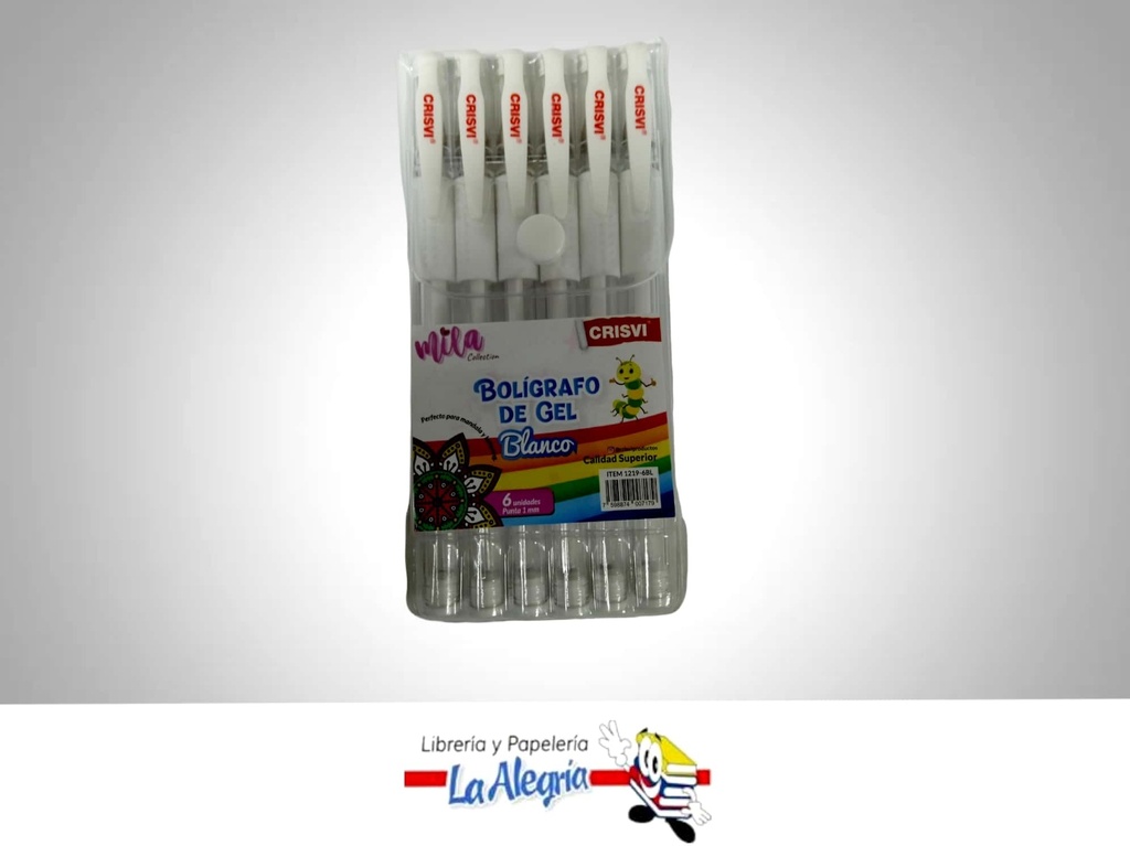 BOLIGRAFO GEL 1MM CAJA DE 6 UND BLANCO MARCA CRISVI