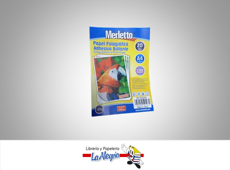 PAPEL FOTOGRAFICO 135G 21X29.7CM PAQUETE DE 20 HOJAS MARCA MERLETTO