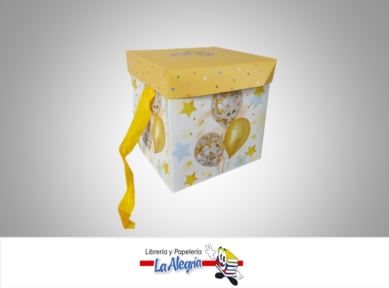 CAJA REGALO GLOBOS/ESTRELLAS 15X15X15CM BLANCO/AMARILLO MARCA S/M