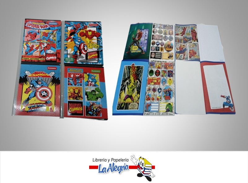LIBRETA COSIDA MARVEL 100 HOJAS DOBLE LINEA CON STICKERS MARCA PRIMAVERA
