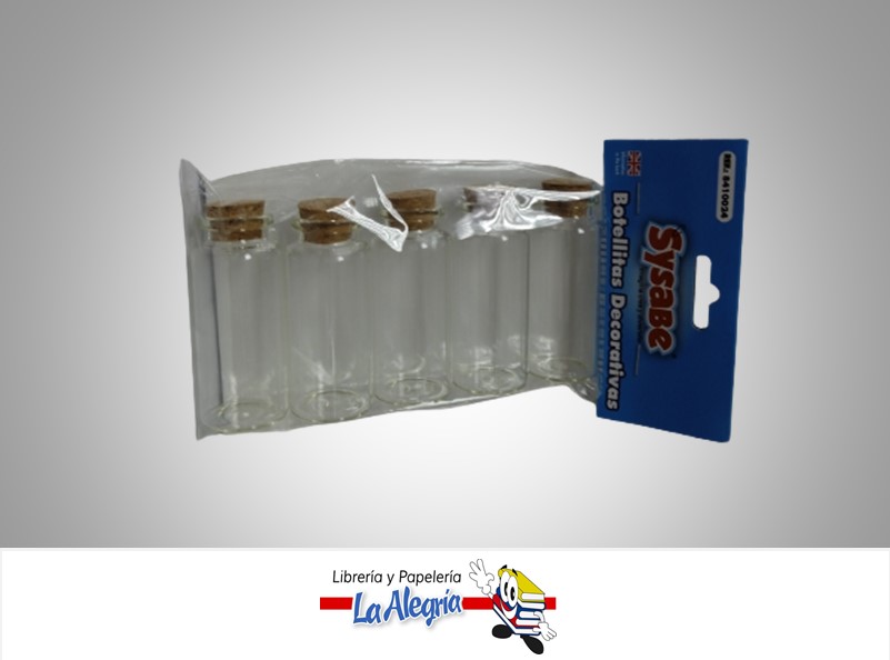 BOTELLITA DECORATIVA CON CORCHO 8410024 PAQ 5 PZASMARCA SYSABE