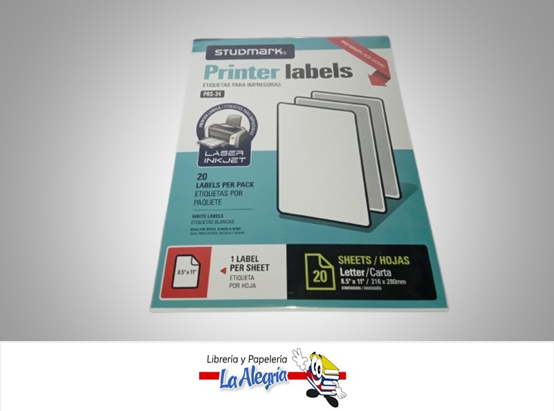 ETIQUETA PARA IMPRESIÓN STPRS34; 8.5X11" CARTA 20 PIEZAS MARCA STUDMARK