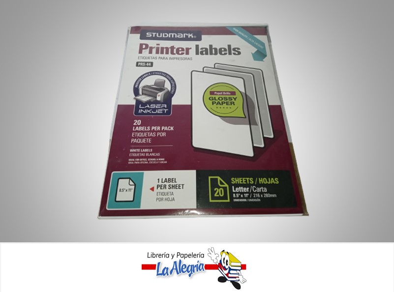 ETIQUETA PARA IMPRESIÓN STPRS44 8.5X11" BRILLANTE CARTA 20 PIEZAS MARCA STUDMARK