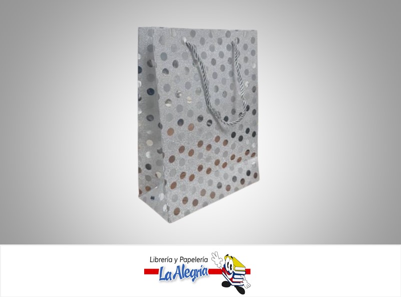 BOLSA DE REGALO ESCARCHADA LUNARES 24x18x8CM PLATA UND MARCA S/M