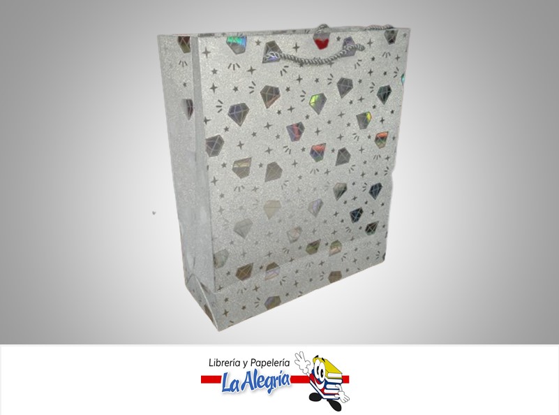BOLSA DE REGALO ESCARCHADA DIAMANTES 32X26X10 CM PLATA UND MARCA S/M