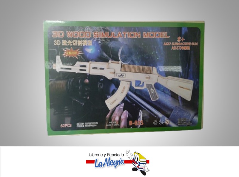 ROMPECABEZA 3D MADERA SIMULATION MODEL AK47 SUBMACHINEGUN 62 PZA MARCA S/M