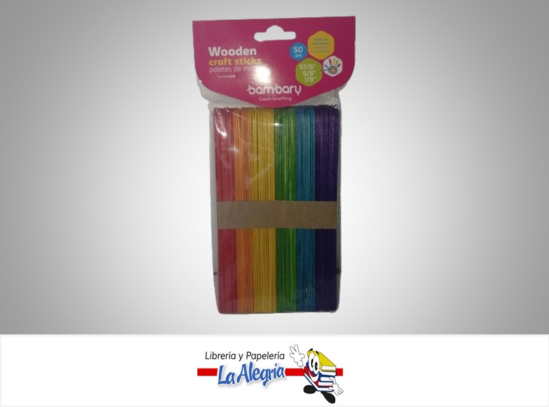 PALETA MADERA 150X17X1,6MM MULTICOLOR PAQ 50UND MARCA BAMBARY