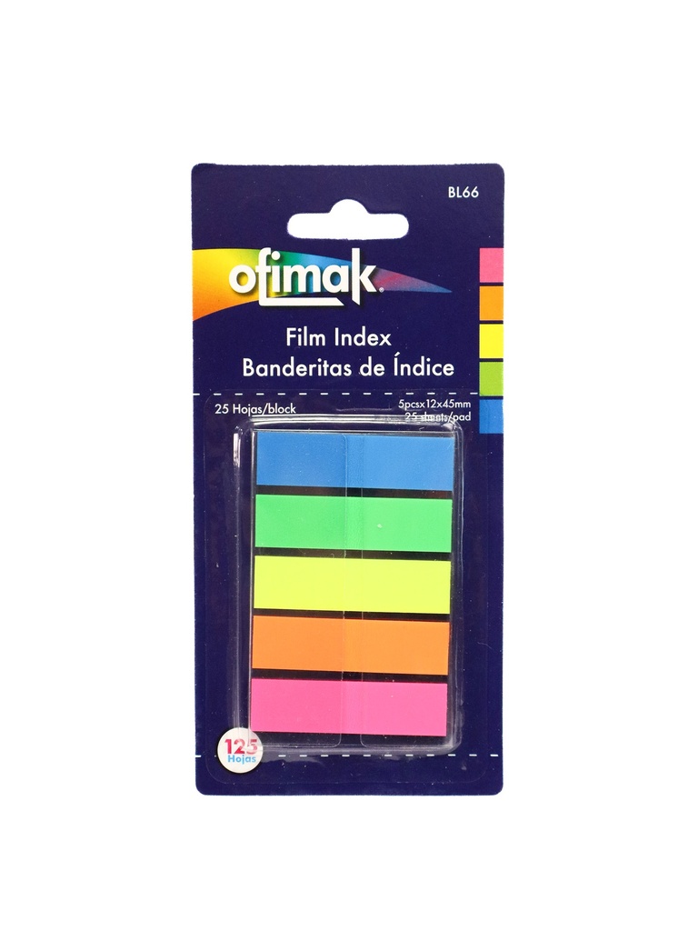 MARCADOR PAGINAS ADHESIVOS BL66; 12X45MM NEON 25 HOJAS MARCA OFIMAK