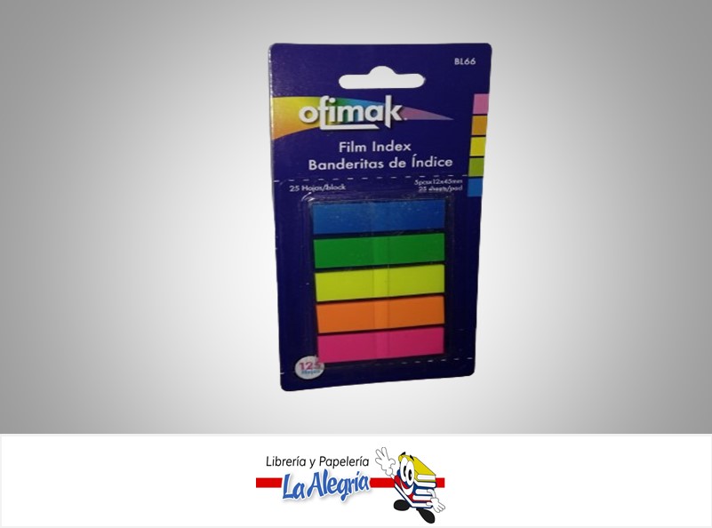 MARCADOR PAGINAS ADHESIVOS BL66; 12X45MM NEON 25 HOJAS MARCA OFIMAK