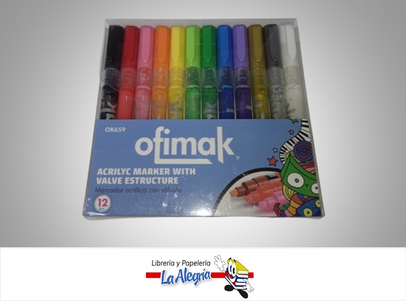 MARCADOR ACRILICO CON VALVULA OK659 PAQ 12 UND MARCA OFIMAK