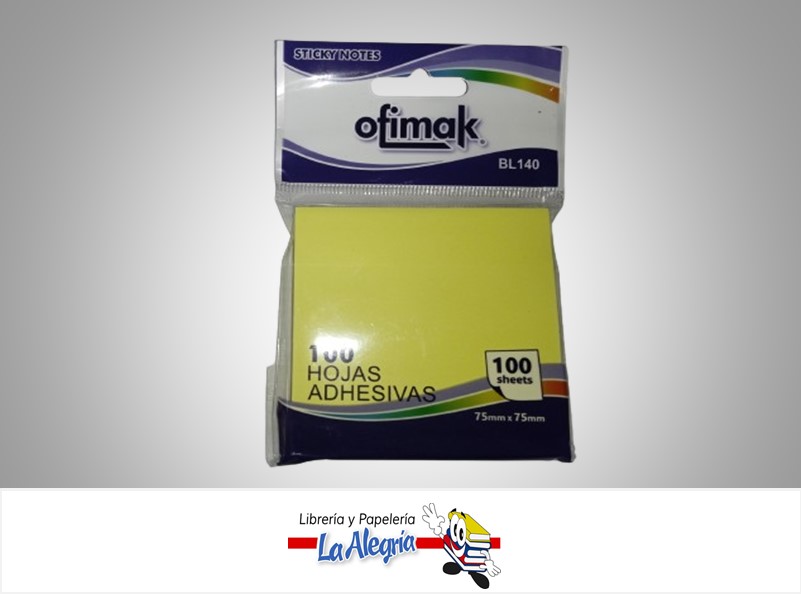 NOTAS AUTOADHESIVA BL140; 75X75MM 100 HOJAS AMARILLO NEON MARCA OFIMAK