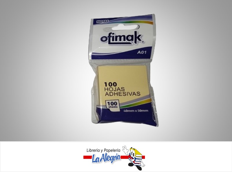 NOTAS AUTOADHESIVA OK10D; 40X50MM 100 HOJAS AMARILLO MARCA OFIMAK